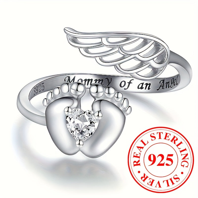 925 Sterling Silver Angle Wing Wrap Ring - Cute Heart Shape Zircon Adjustable Jewelry