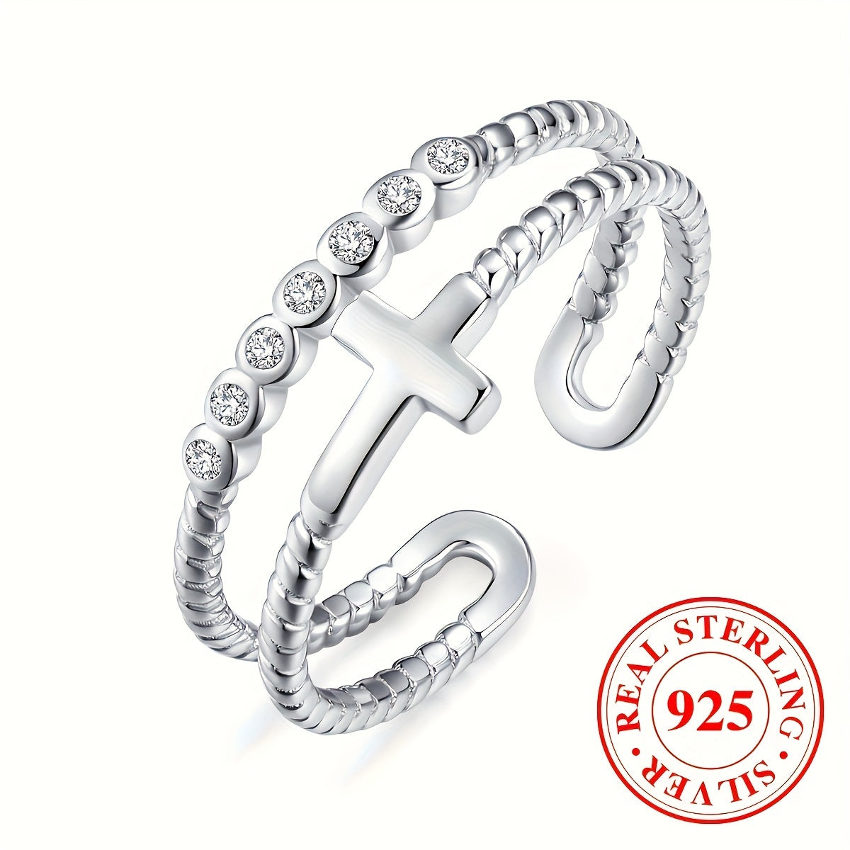 925 Sterling Silver Double Layer Cross Pattern Adjustable Cuff Ring - Personality Gift